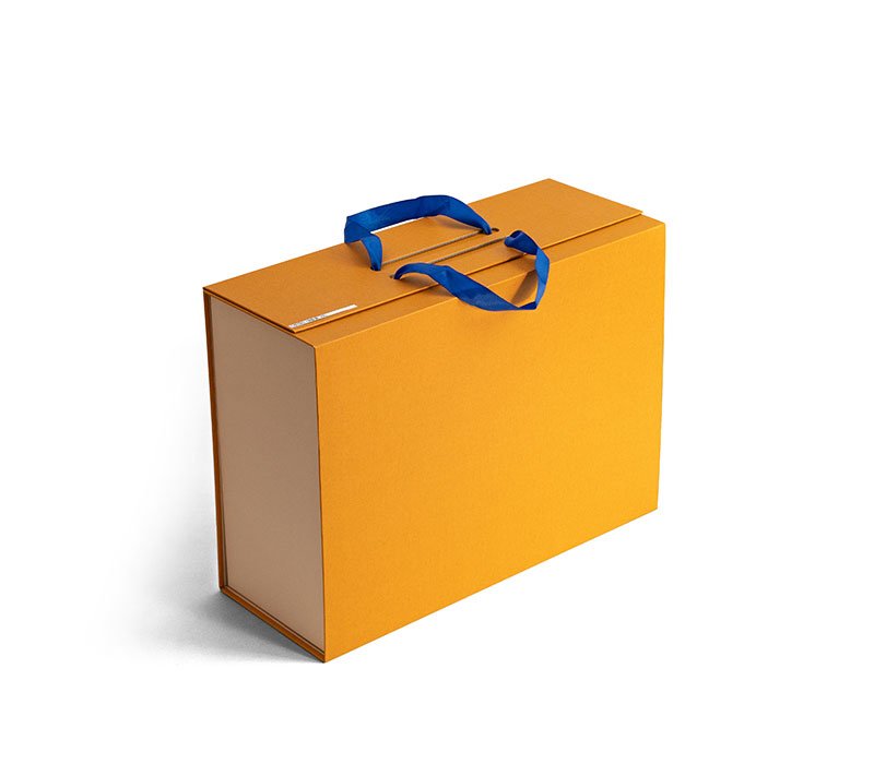 Custom Mustard Yellow Rigid Gift Box with Blue Ribbon Handles