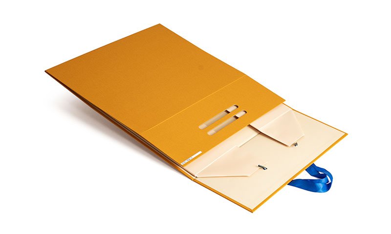 Custom Mustard Yellow Rigid Gift Box with Blue Ribbon Handles - Image 3