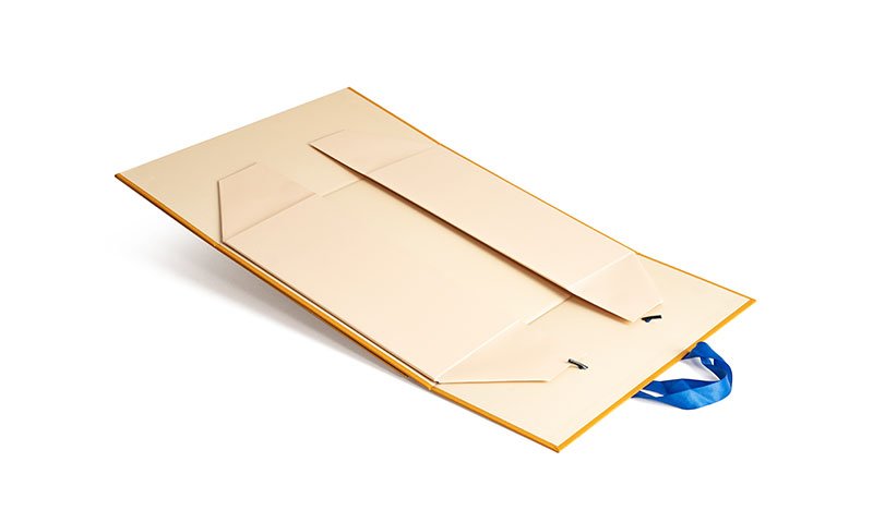 Custom Mustard Yellow Rigid Gift Box with Blue Ribbon Handles - Image 6