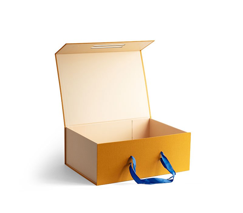 Custom Mustard Yellow Rigid Gift Box with Blue Ribbon Handles - Image 5