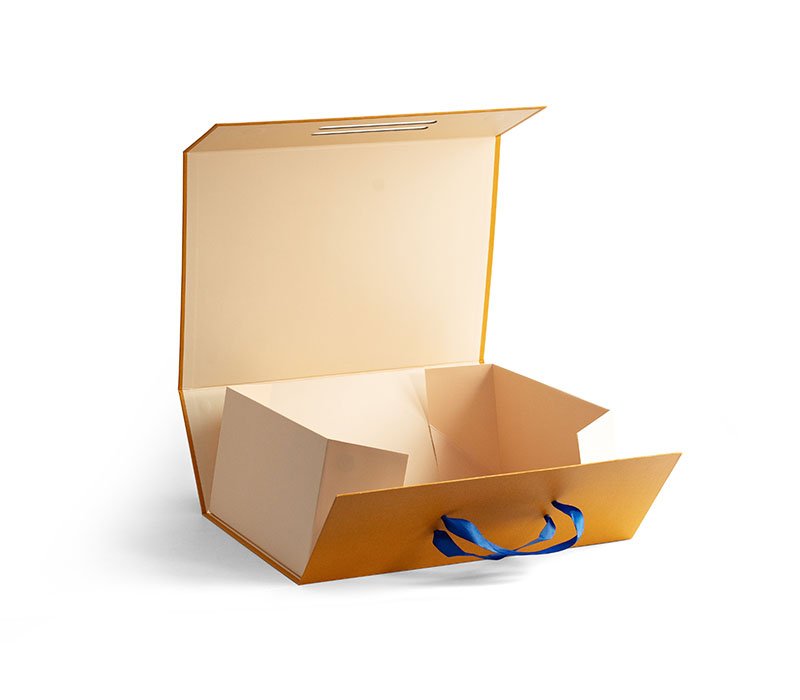 Custom Mustard Yellow Rigid Gift Box with Blue Ribbon Handles - Image 4