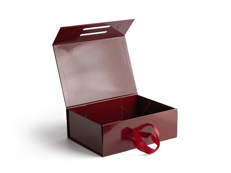Custom Burgundy Rigid Gift Box with Ribbon Handles – Flip-Top Design - Image 4