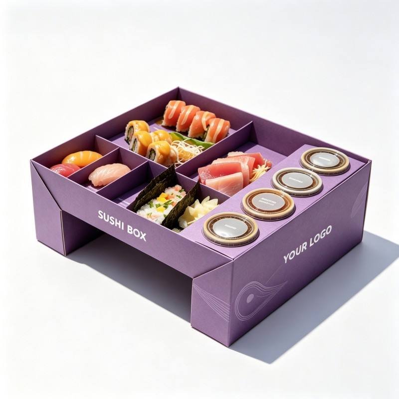 Luxury Asian Japanese Food Restaurant Takeout Bento Sushi Box Tabletop Self Standing Packaging with Sauce Dip Container