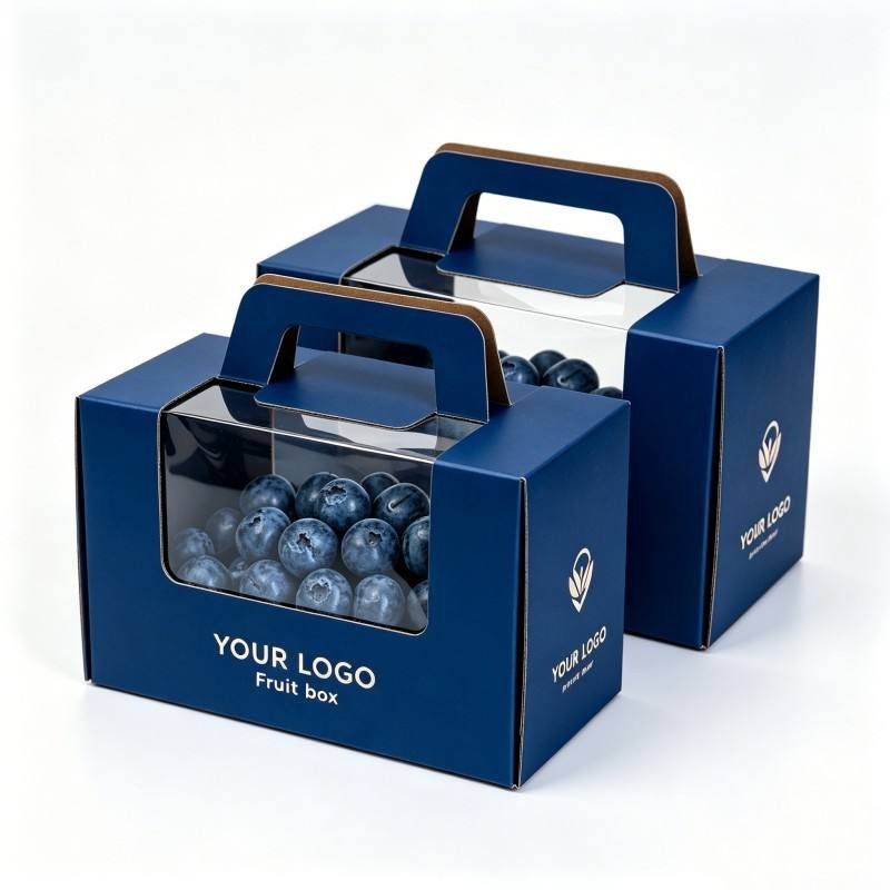 Foldable Portable Fruits Paper Box with Handle Custom Logo Paper Box for Takeaway Shipping Recyclable Blueberries Packaging Box