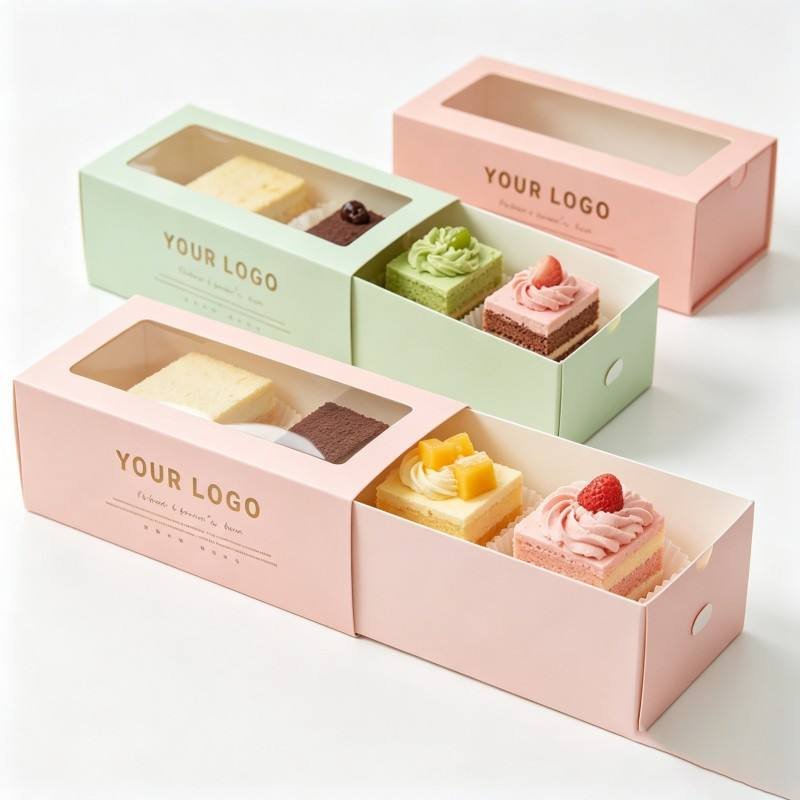 Customized Logo Tiramisu Packaging Sliding Biodegradable Drawer Paper Box Cupcake Bread Dessert Box Food Grade Paper Packaging
