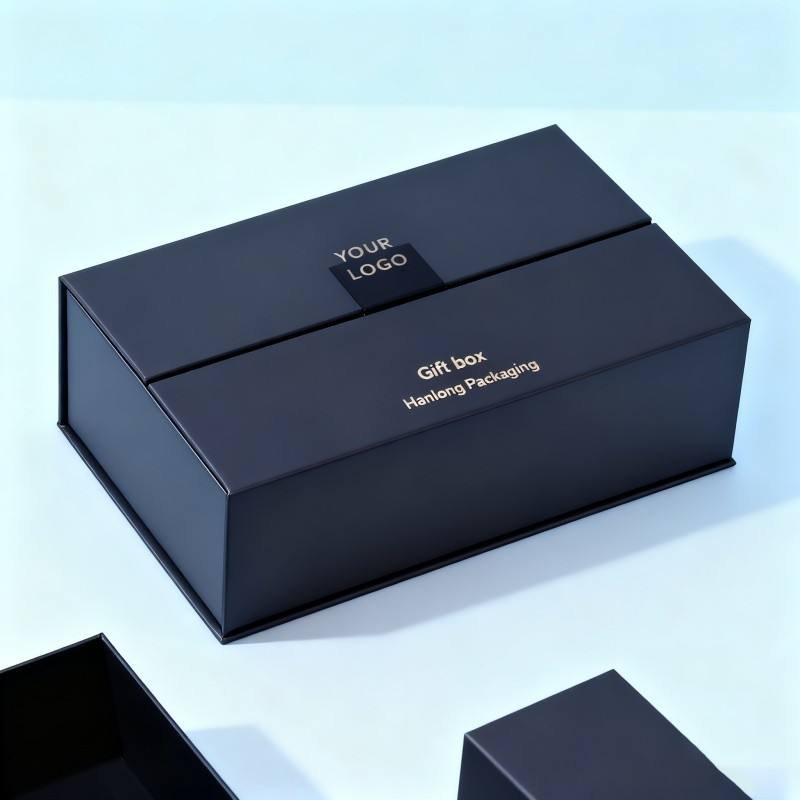 Customized Logo Manufacturer Double Door Black Gift Box Recyclable Gold Foil Cardboard Paper Box Luxury Magnetic Packaging Box