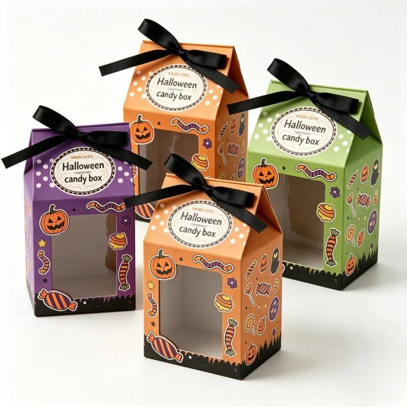 High Quality Cardboard Candy Hand Box With Ribbon Party Favor Halloween Pumpkin Ghost Window Chocolate Food Box - Image 4