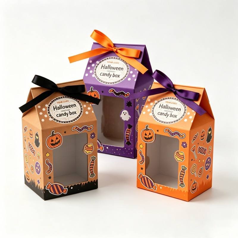 High Quality Cardboard Candy Hand Box With Ribbon Party Favor Halloween Pumpkin Ghost Window Chocolate Food Box - Image 3