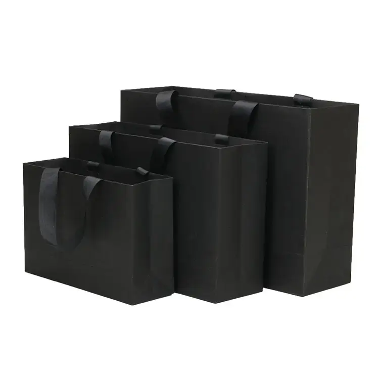 Custom Printed Ribbon Handle Cardboard Packaging Tote Bags Black Matte Retail Luxury Gift Paper Shopping Bag with Logos