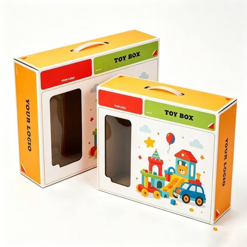 Custom Portable Toy Box With Handle Recyclable Paper Packaging with clear Window Paper Boxes for Toy Gift Display Storage