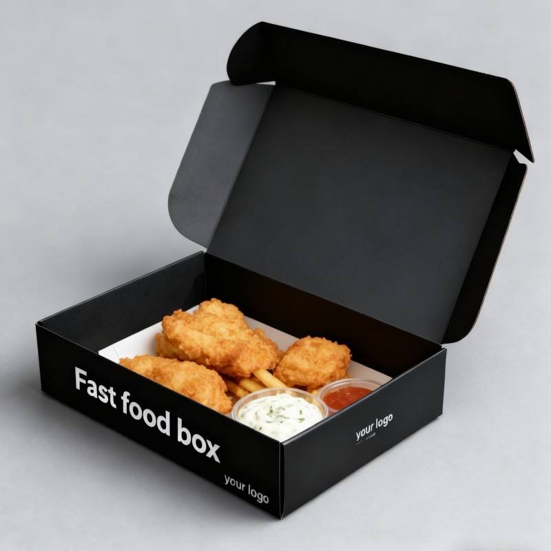 Custom Black Recycled Fish and Chips Box Floding Eco Friendly Take Out Fast Food Box Food Grade Paper Packing Box for Restaurant - Image 6