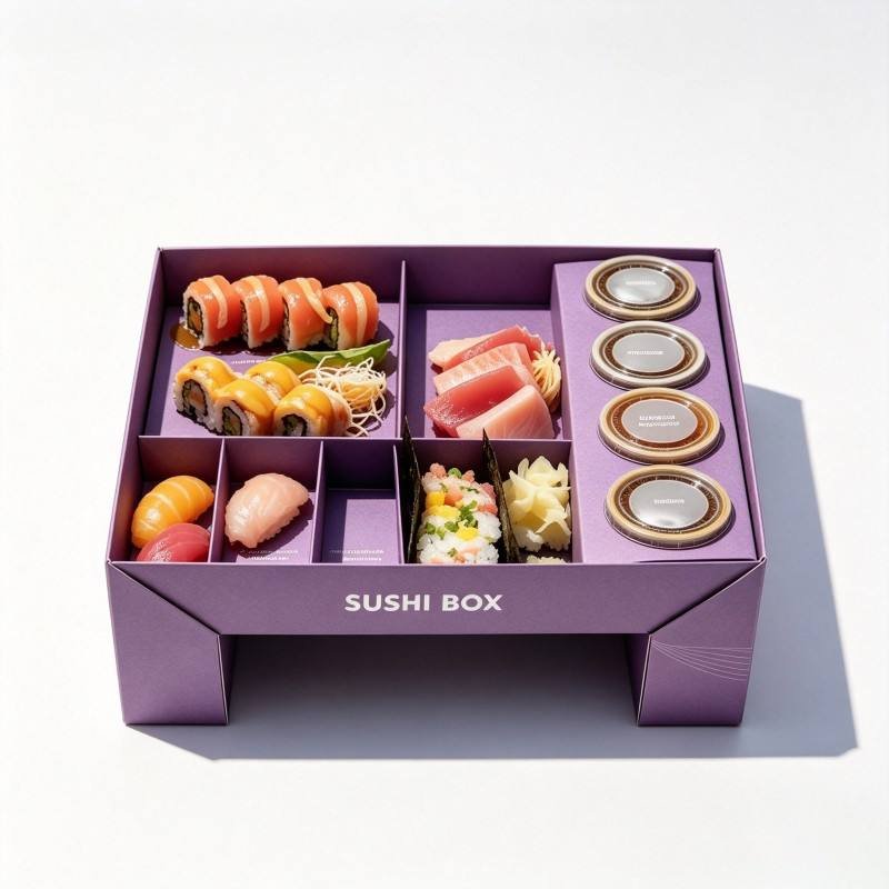 Luxury Asian Japanese Food Restaurant Takeout Bento Sushi Box Tabletop Self Standing Packaging with Sauce Dip Container - Image 6