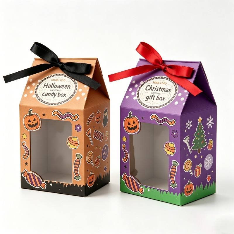 High Quality Cardboard Candy Hand Box With Ribbon Party Favor Halloween Pumpkin Ghost Window Chocolate Food Box