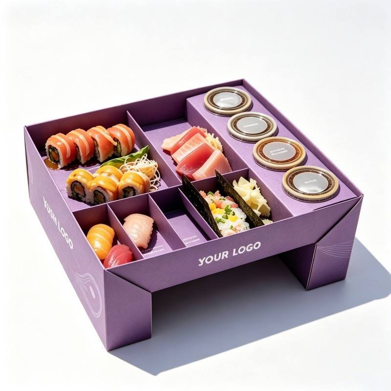 Luxury Asian Japanese Food Restaurant Takeout Bento Sushi Box Tabletop Self Standing Packaging with Sauce Dip Container - Image 5