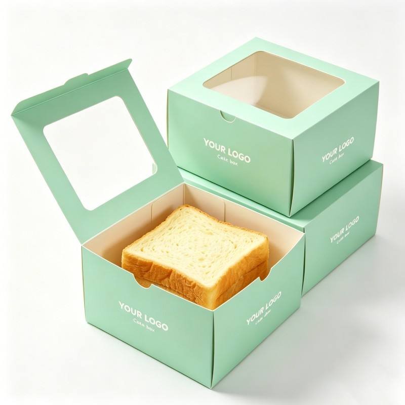 Custom Design Cardboard Paper Cake Box Square Paper Box  with clear Window Food Grade Bread Cake Snack Box with Custom logo