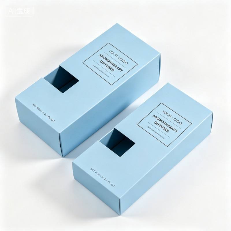 Foldable Custom logo Aromatherapy Diffuser Packaging Boxes Blue Printing Cardboard Box with Window Recyclable Perfume Packaging - Image 5