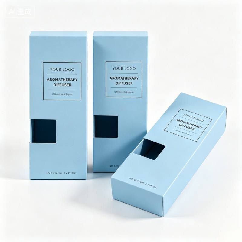Foldable Custom logo Aromatherapy Diffuser Packaging Boxes Blue Printing Cardboard Box with Window Recyclable Perfume Packaging - Image 3