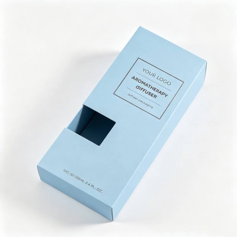 Foldable Custom logo Aromatherapy Diffuser Packaging Boxes Blue Printing Cardboard Box with Window Recyclable Perfume Packaging