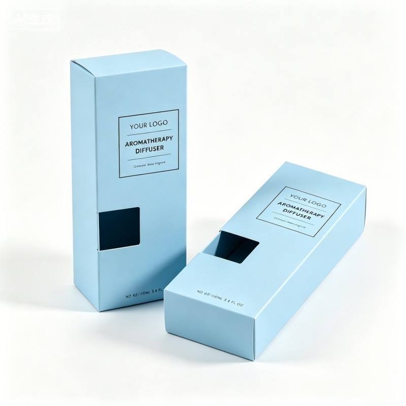 Foldable Custom logo Aromatherapy Diffuser Packaging Boxes Blue Printing Cardboard Box with Window Recyclable Perfume Packaging - Image 4