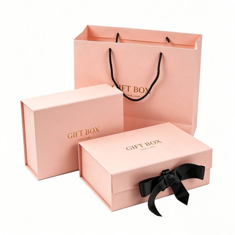 Custom Design Small Jewellry Rigid Paper Cardboard Gift Packaging Set Jewelry Box with Ribbon Luxury Gift Bag With Logo Embossed