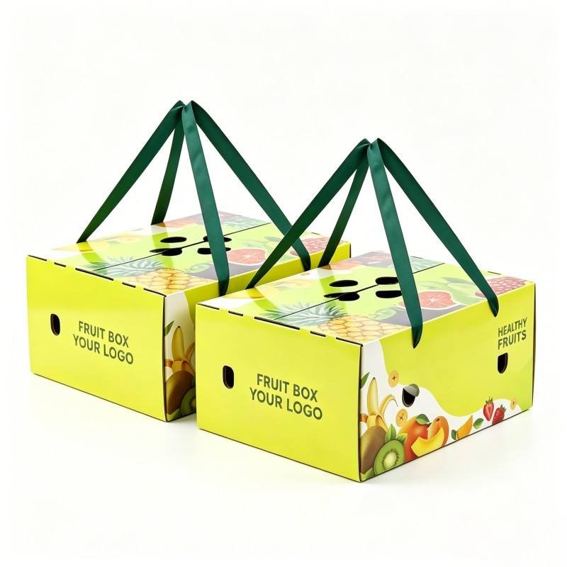 Custom Logo Rigid Custom Corrugated Fruit Box High Quality 2/5/6/8/1/15/20 kg Bflute Cardboard Fruit Packaging Box with Ribbon