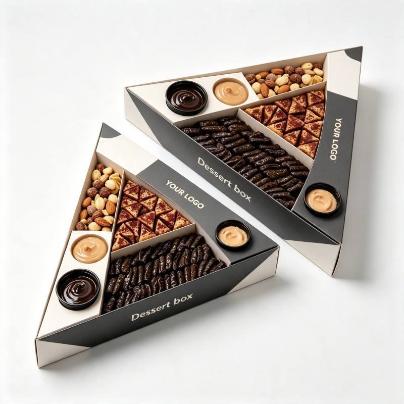 Biodegradable Takeout Snack Box High Quality Nut Cookie Triangle Box with Dipping Cup Divider Soy Ink Cookie Food Box