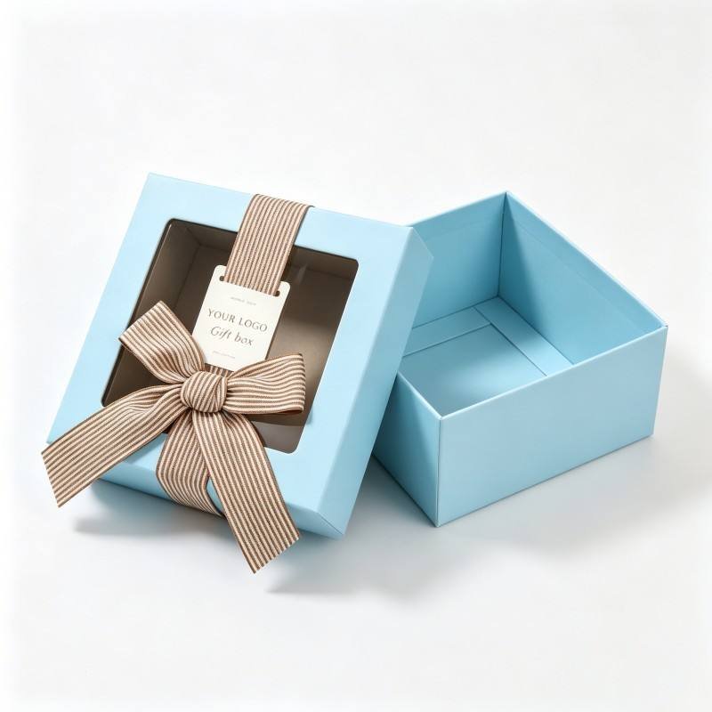 Custom Design Gifts Crafts Paper Box Packaging Blue Square Box With PVC Window and Ribbon Bow Eco-Friendly Two-Piece Box