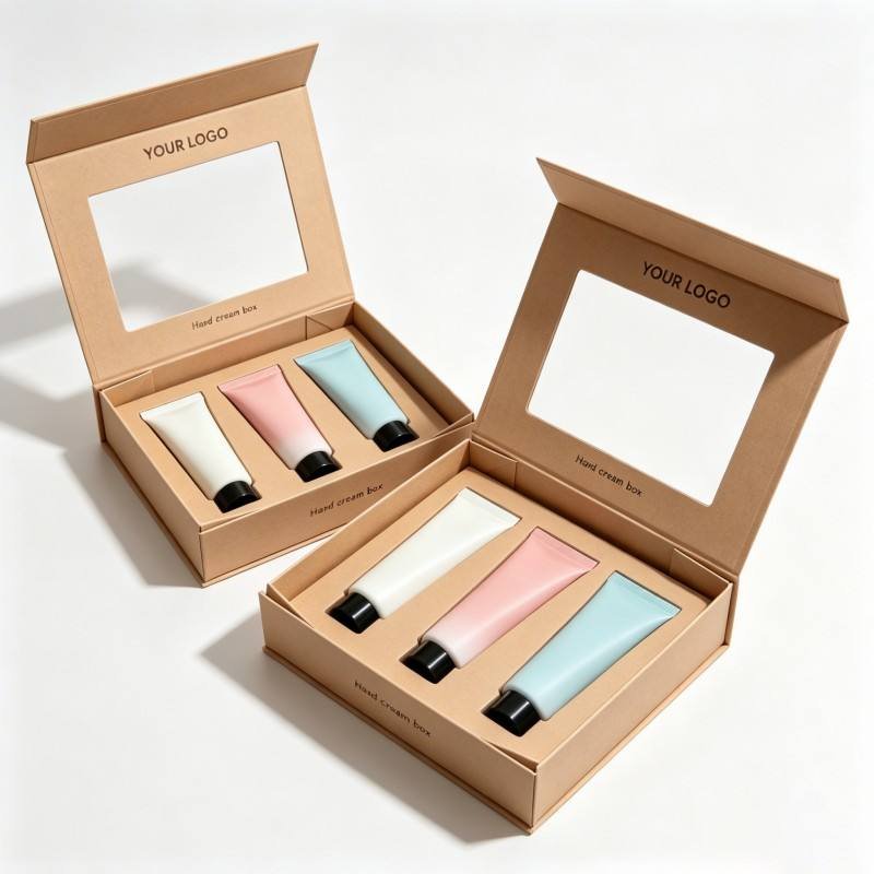Kraft Paper Custom logo Rigid Box Eco-friendly Paper Box with Clear Window Magnetic Flip-top Hand Cream Box with Divider Insert