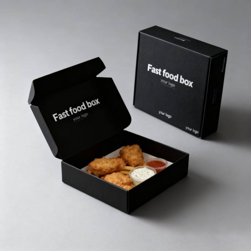 Custom Black Recycled Fish and Chips Box Floding Eco Friendly Take Out Fast Food Box Food Grade Paper Packing Box for Restaurant - Image 4