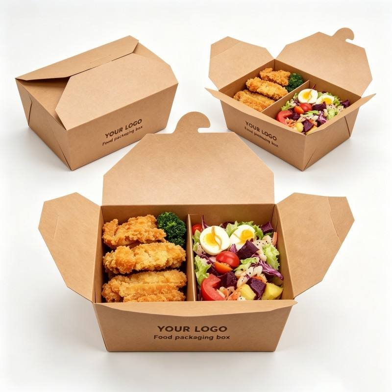 Eco-Friendly Kraft Paper Box with Custom logo Foldable Portable Divided Food Container Recycled Food Grade Kraft Paper Packaging