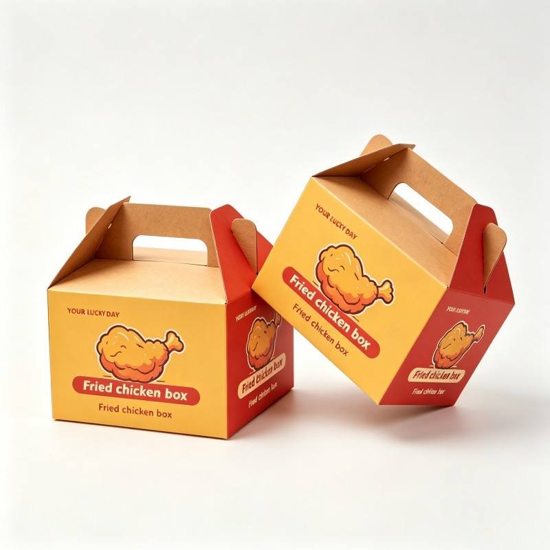Custom Design Fried Chicken Box With Handle Recyclable Greaseproof Fast Food Paper Box Folding Food Grade Packaging for Snack