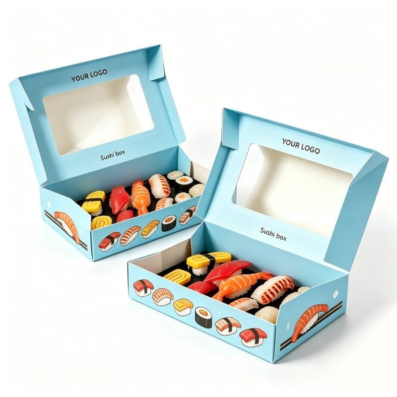 Customized Sushi Paper Box Packaging with logo Blue Printed Sushi Food Container Eco-friendly Cardboard Box with clear Window