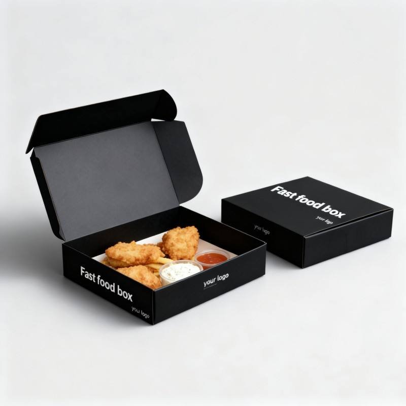 Custom Black Recycled Fish and Chips Box Floding Eco Friendly Take Out Fast Food Box Food Grade Paper Packing Box for Restaurant