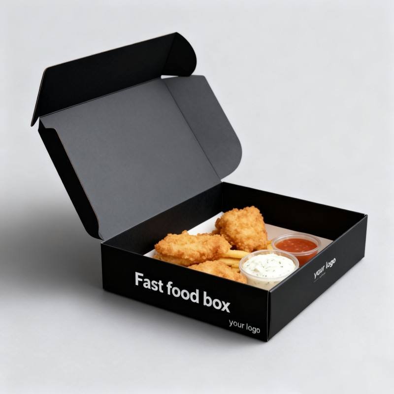 Custom Black Recycled Fish and Chips Box Floding Eco Friendly Take Out Fast Food Box Food Grade Paper Packing Box for Restaurant - Image 5