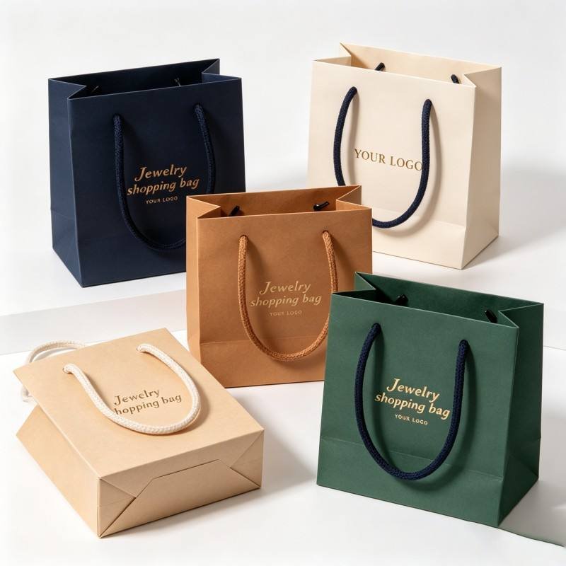 Luxury Jewelry Shopping Bag with Ribbon Customized Hot Stamping logo Kraft Paper Bag Eco Friendly High-end Jewelry Gift Bag