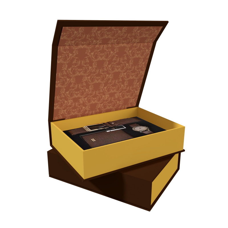 Custom Luxury Fashion Logo Print Flip Rigid Box Men Leather Belt Watch and Wallet Set Packing With Magnetic for Gift