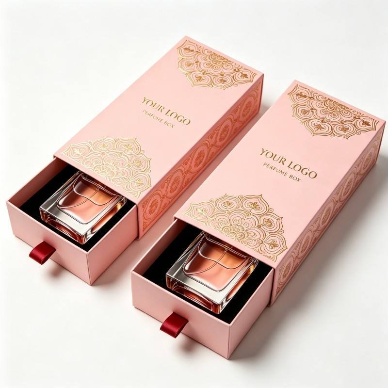 High Quality Rigid Paper Box with Foil Stamping Floral Custom Drawer Box Packaging with Handle Luxury Pink Perfume Packaging Box
