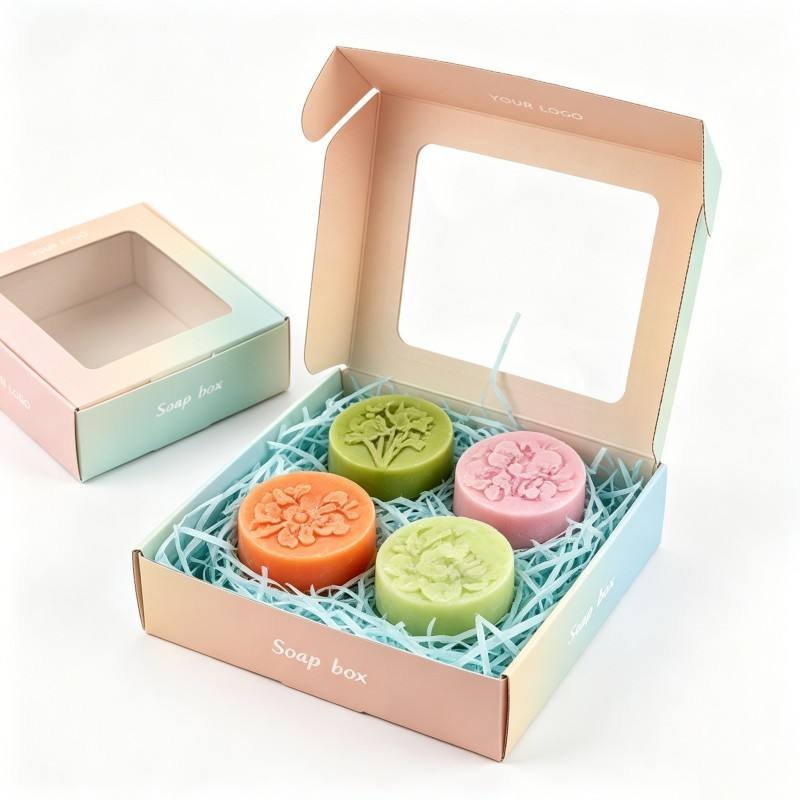 Window Display Storage Gift Box with Raffia Grass Custom logo Soap Set Packaging Boxes Rectangle Flip-top Design Paper Packaging