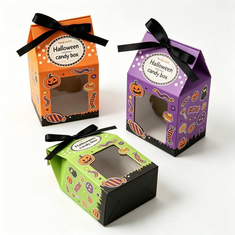 High Quality Cardboard Candy Hand Box With Ribbon Party Favor Halloween Pumpkin Ghost Window Chocolate Food Box - Image 5