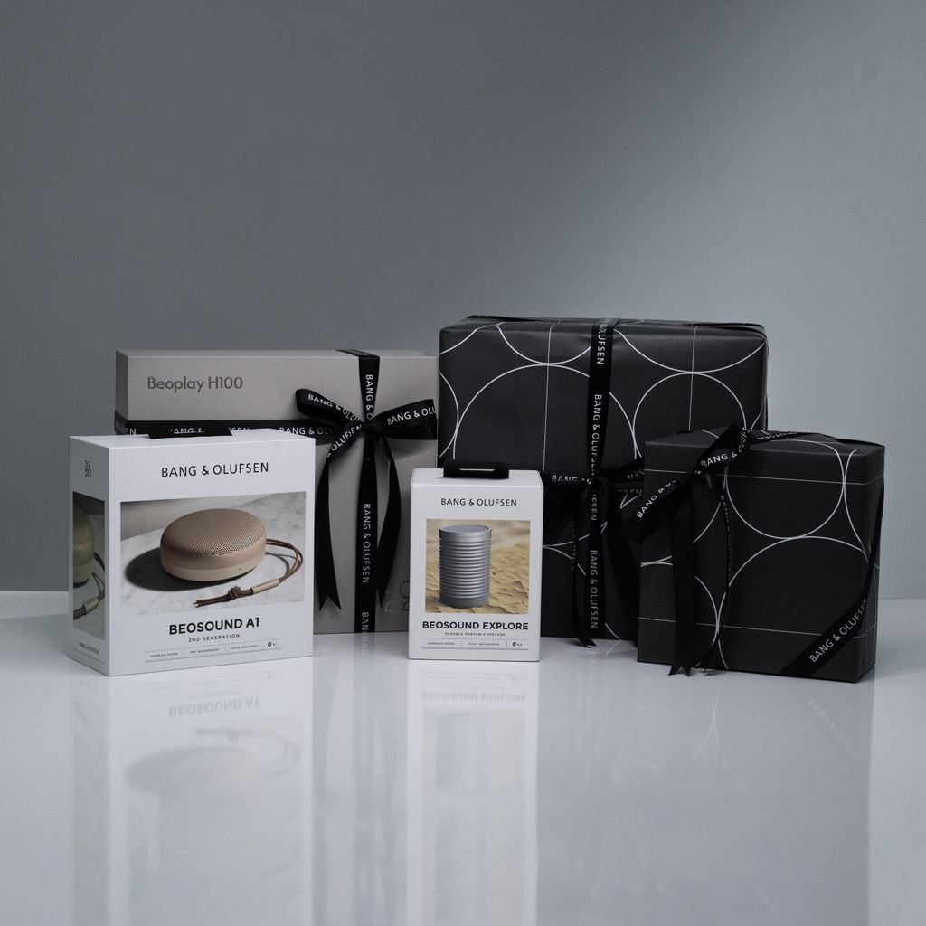 Sophisticated Bang & Olufsen gift packaging with Beosound speakers.